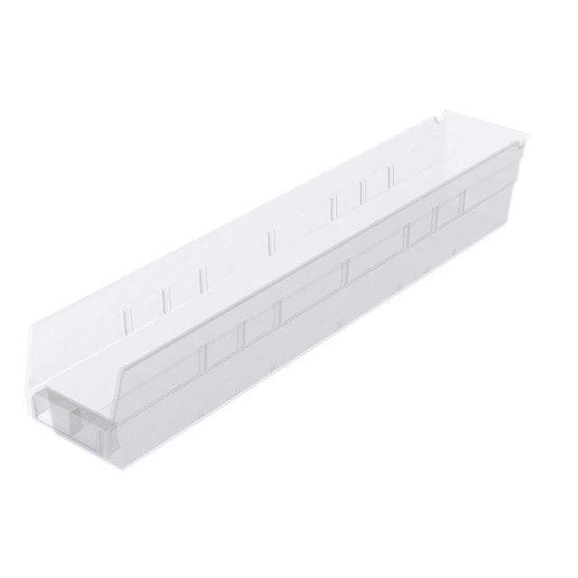 A long, white, rectangular plastic cable trunking with a removable top cover, angled edges, and parallel grooves along the sides. Similar to a shelf bin, it features a hollow interior for organizing or concealing electrical wires.