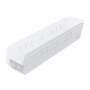 A clear, rectangular Shelf Bin with high sides and an open top. This long, narrow storage bin features nesting capability and ridged patterns on the sides for added strength, all in a transparent design set against a white background.