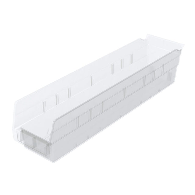 A clear, rectangular Shelf Bin with high sides and an open top. This long, narrow storage bin features nesting capability and ridged patterns on the sides for added strength, all in a transparent design set against a white background.