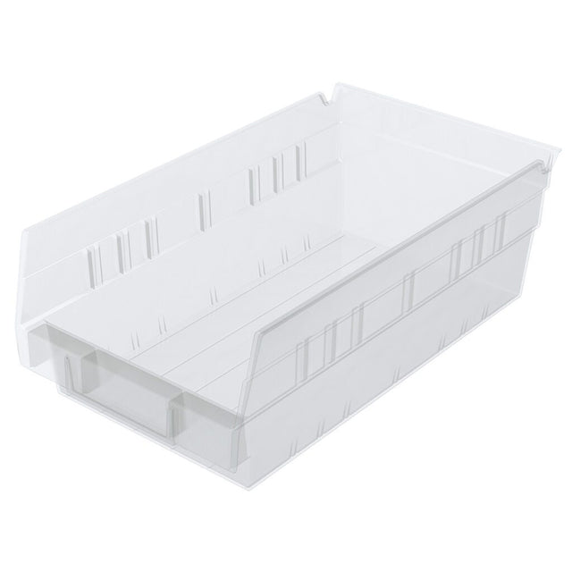 A clear Shelf Bin with high sides and an open front for easy access and organization. Designed for nesting, it features slightly raised lines along the sides and interior to provide added structure and durability.
