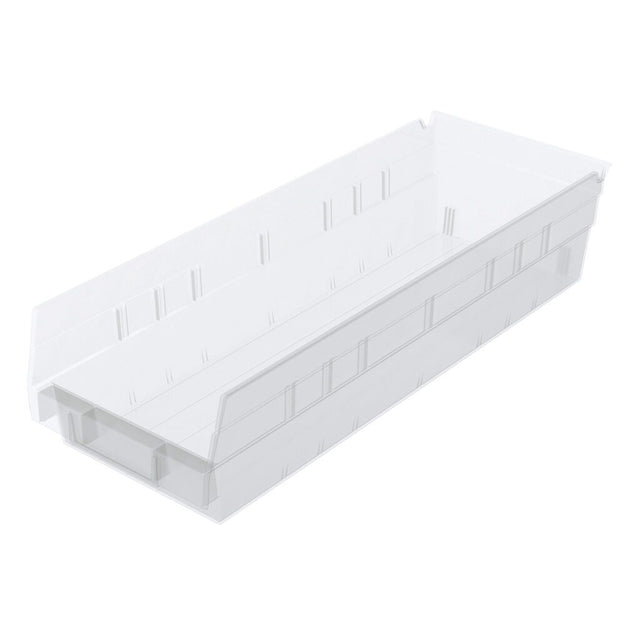 A white, rectangular Shelf Bin with slightly slanted sides and a flat bottom. Designed for nesting, it features a lower front edge for easy access and molded lines and grooves for added structure. The bin is empty and photographed on a white background.