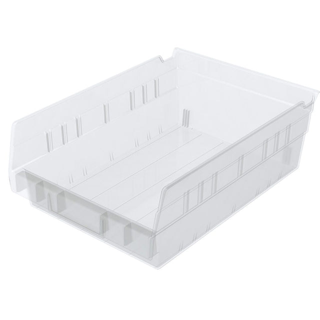 A clear Shelf Bin with slightly angled sides and a low front edge. This transparent bin has molded reinforcement lines and open notches for nesting, stacking, or wall mounting. The smooth surface ensures easy cleaning and contents visibility.