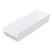 A white, rectangular Shelf Bin with slightly angled sides and an open top. Featuring molded vertical and horizontal lines for added structure, the bin offers smooth interior surfaces and is ideal for nesting or organizing items in drawers or on shelves.
