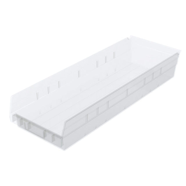 A white, rectangular Shelf Bin with slightly angled sides and an open top. Featuring molded vertical and horizontal lines for added structure, the bin offers smooth interior surfaces and is ideal for nesting or organizing items in drawers or on shelves.