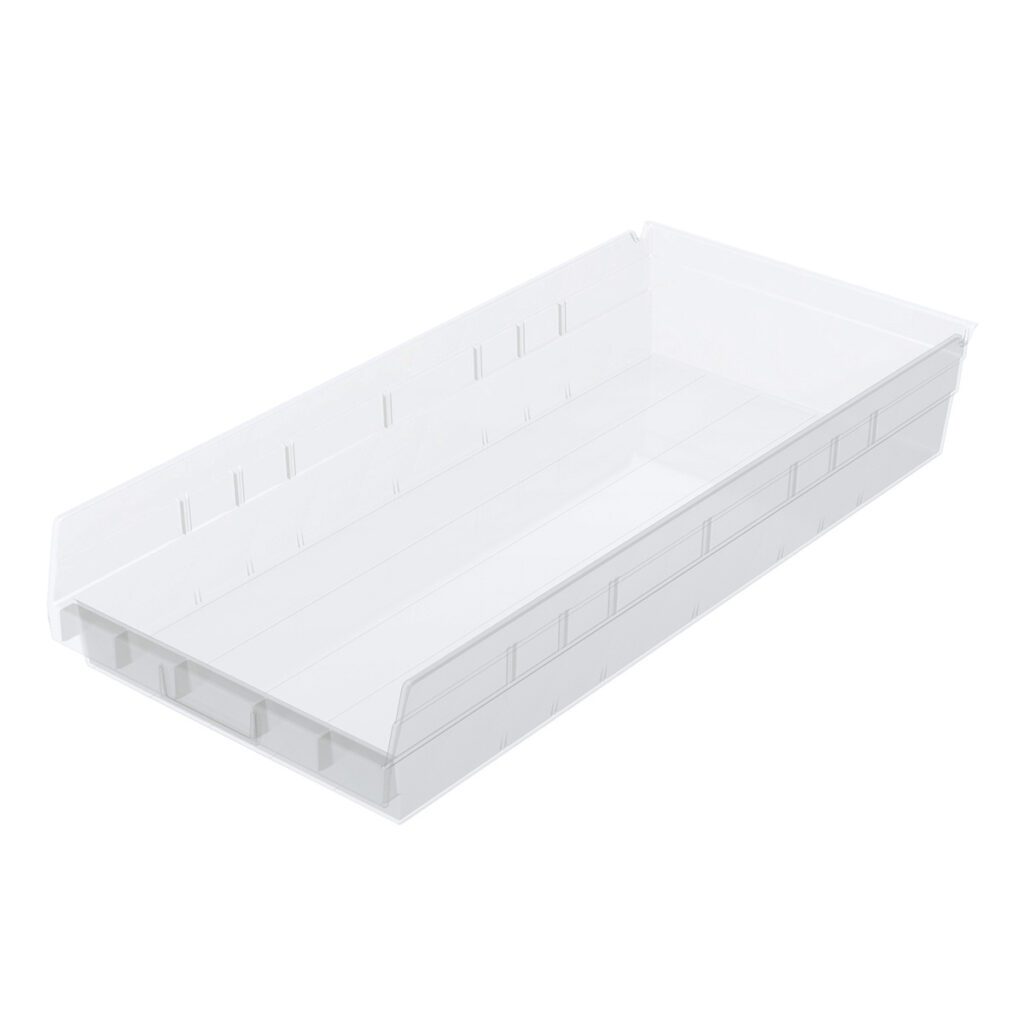 A white, rectangular nesting bin with slightly sloped sides, an open top, and a solid base. The lower front edge allows easy access, while indented lines and notches along the sides and base provide extra reinforcement.