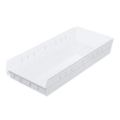 A white, rectangular nesting bin with slightly sloped sides, an open top, and a solid base. The lower front edge allows easy access, while indented lines and notches along the sides and base provide extra reinforcement.
