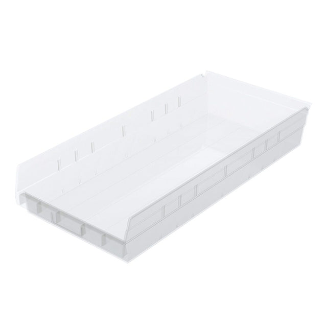 A white, rectangular nesting bin with slightly sloped sides, an open top, and a solid base. The lower front edge allows easy access, while indented lines and notches along the sides and base provide extra reinforcement.