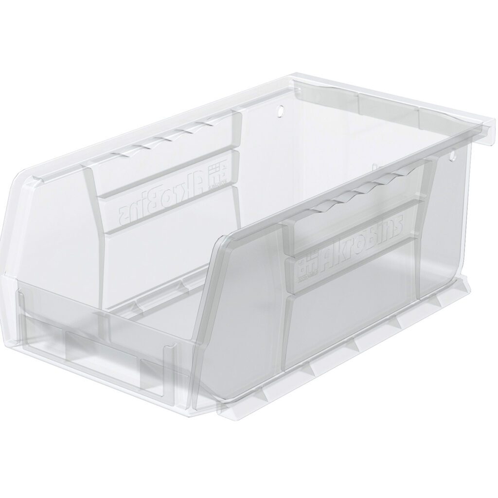 A clear storage bin with a slanted open front for easy access. The stacking bin features ridged sides and bottom for added strength, and its transparent design lets you easily view contents inside.