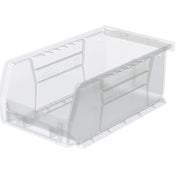A clear storage bin with a slanted open front for easy access. The stacking bin features ridged sides and bottom for added strength, and its transparent design lets you easily view contents inside.