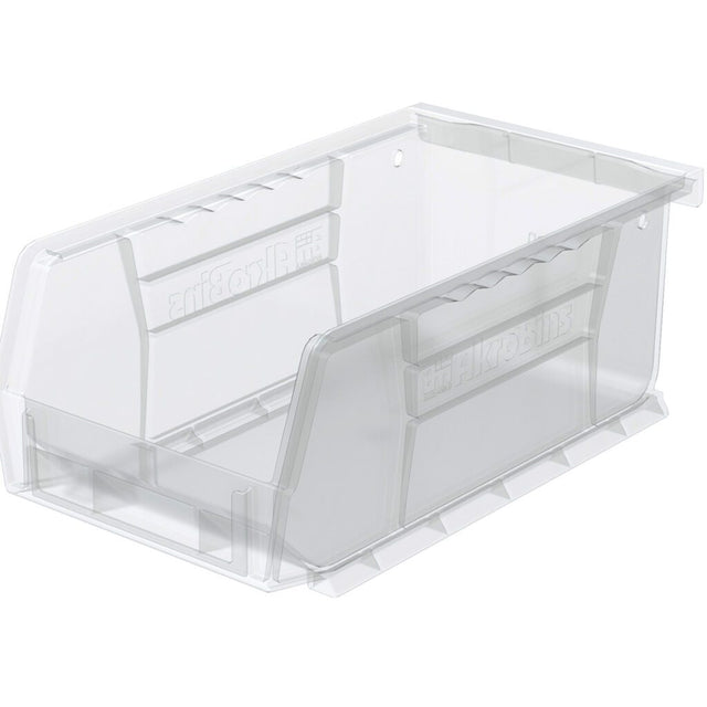 A clear storage bin with a slanted open front for easy access. The stacking bin features ridged sides and bottom for added strength, and its transparent design lets you easily view contents inside.