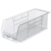 A clear storage stacking bin with an open front and raised sides. Molded details add strength, while the transparent material lets you easily view contents inside. This Supply Bin features a simple, utilitarian design for versatile organization.