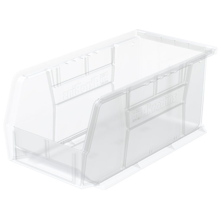 A clear, rectangular SmartWall Supply Bin with an open top and a slanted front for easy access. The bin features reinforced side panels and a smooth, transparent finish, allowing contents to be visible. Empty and photographed on a white background.
