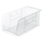 A clear, rectangular SmartWall Supply Bin with an open top and a slanted front for easy access. The bin features reinforced side panels and a smooth, transparent finish, allowing contents to be visible. Empty and photographed on a white background.