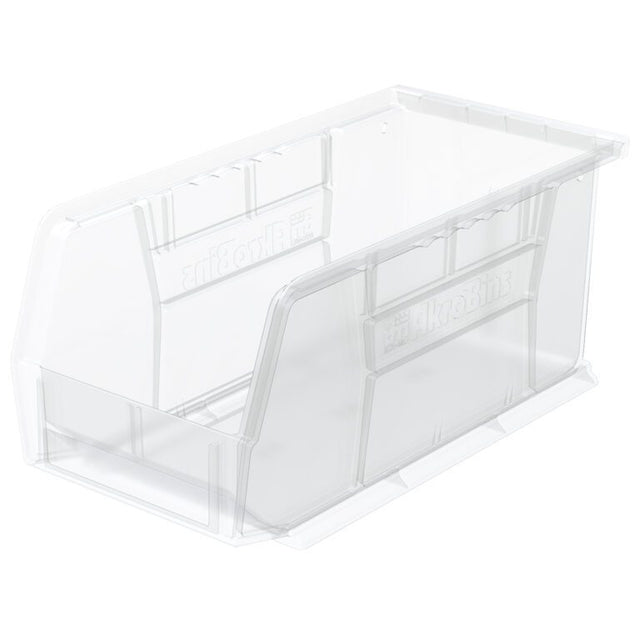 A clear, rectangular SmartWall Supply Bin with an open top and a slanted front for easy access. The bin features reinforced side panels and a smooth, transparent finish, allowing contents to be visible. Empty and photographed on a white background.