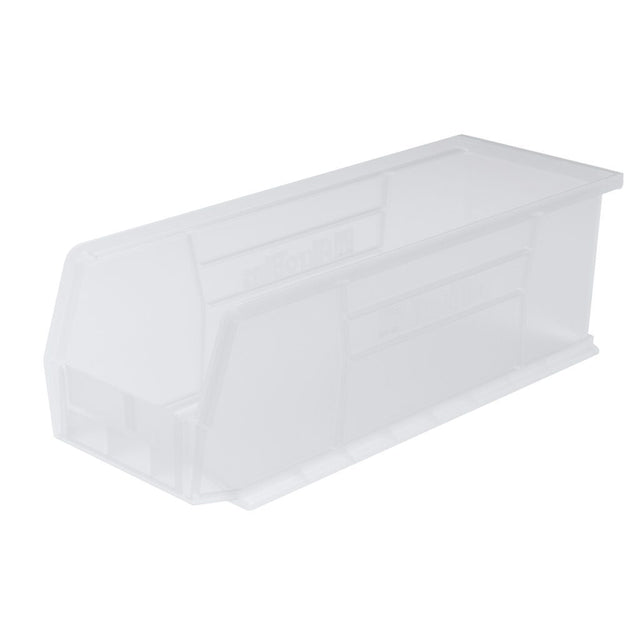 A translucent, rectangular clear storage bin with a slightly slanted front opening. The bin features reinforced side panels and a flat bottom, perfect as a supply bin for organizing small items while keeping contents visible.