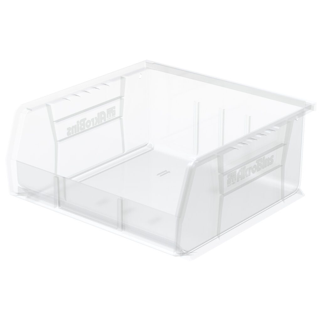 A clear, rectangular plastic storage bin with an open front and slightly angled sides. These clear storage bins have “Rubbermaid” embossed on the side panels, smooth surfaces, and reinforcing ridges. The empty bin sits on a white background.
