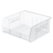 A clear, rectangular plastic storage bin with an open front and slightly angled sides. These clear storage bins have “Rubbermaid” embossed on the side panels, smooth surfaces, and reinforcing ridges. The empty bin sits on a white background.