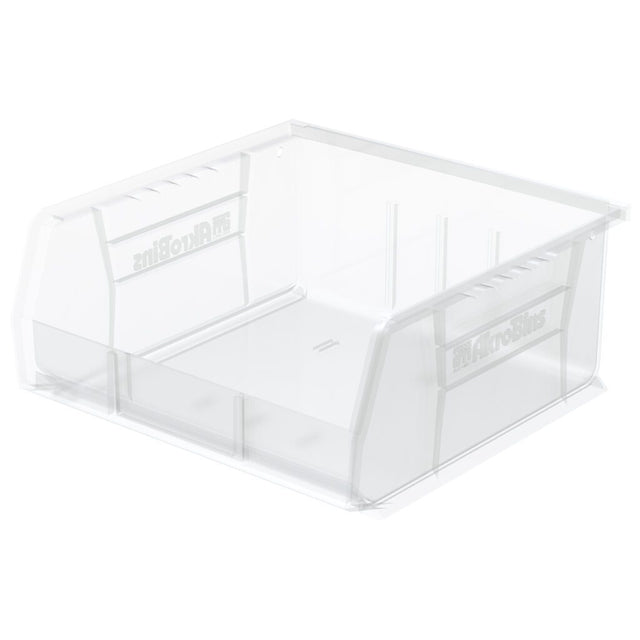 A clear, rectangular plastic storage bin with an open front and slightly angled sides. These clear storage bins have “Rubbermaid” embossed on the side panels, smooth surfaces, and reinforcing ridges. The empty bin sits on a white background.