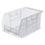 A clear stacking bin with a slanted open front for easy access. This transparent Supply Bin features reinforced sides, bottom grooves, and a small hole on the back for optional wall mounting. The bin is empty and perfect for organized clear storage.