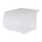A clear stacking bin with an open front, slightly sloped sides, and a rectangular shape. Grooved grips on the sides make handling easy. The Supply Bin is empty and set against a plain white background.