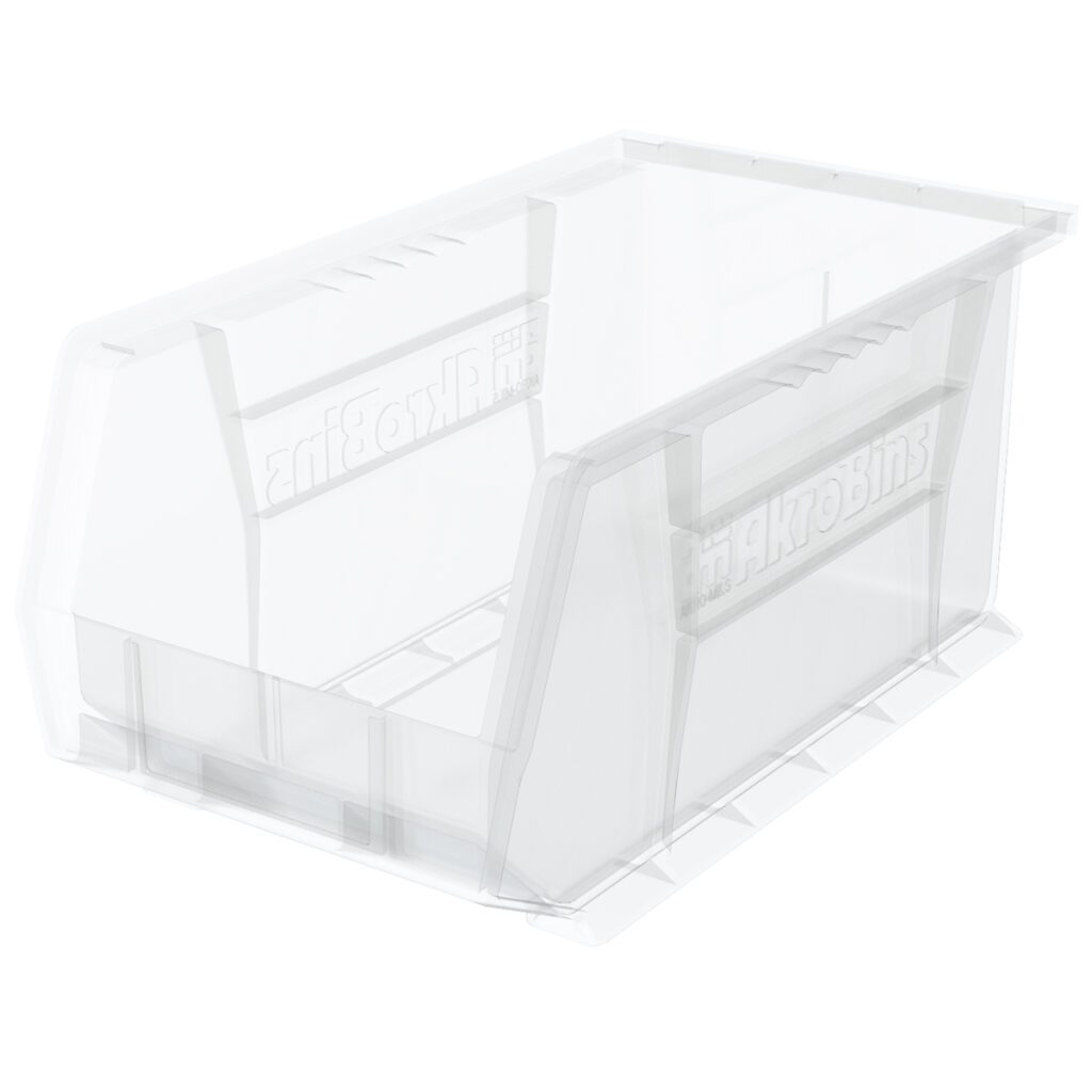 A clear storage bin with an open front, ribbed sides, and a flat bottom. The word “AkroBins” is embossed on the side. Ideal for stacking bins, this empty container is angled on a white background.