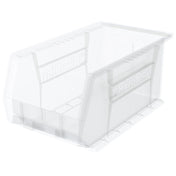 A clear storage bin with an open front, ribbed sides, and a flat bottom. The word “AkroBins” is embossed on the side. Ideal for stacking bins, this empty container is angled on a white background.