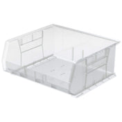 A clear stacking bin with a wide open front for easy access features a rectangular shape and slightly raised sides. The transparent design allows visibility of contents inside. This Supply Bin sits on a white background.
