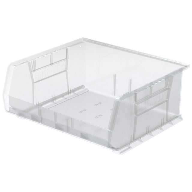 A clear stacking bin with a wide open front for easy access features a rectangular shape and slightly raised sides. The transparent design allows visibility of contents inside. This Supply Bin sits on a white background.