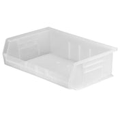 A clear storage bin with slightly slanted sides, reinforced edges, and a wide open front for easy access. This stacking bin features molded side handles and subtle ridges along the bottom and sides for added strength.