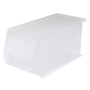 A translucent white stacking bin with an open front, sloped sides, and reinforced edges, shown on a plain white background. This rectangular supply bin is suitable for organizing small items and offers convenient clear storage.