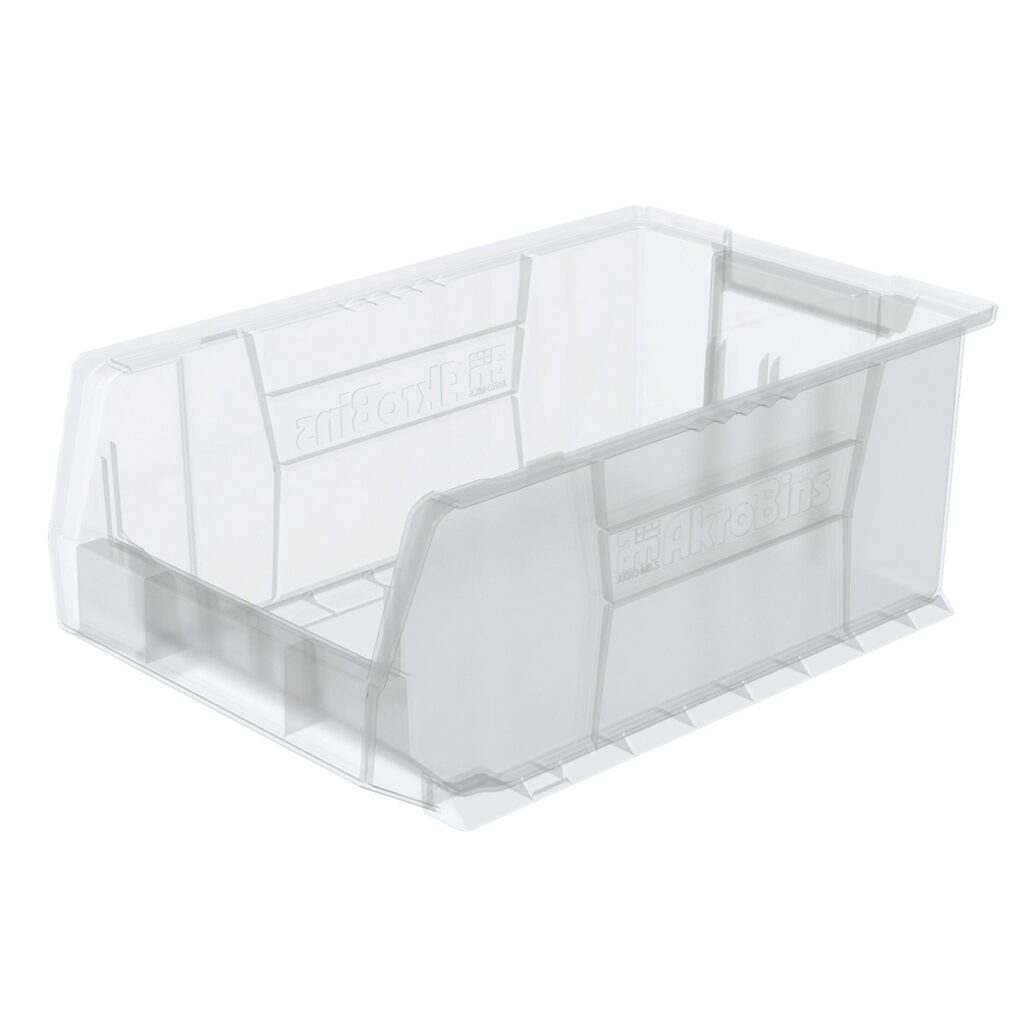 A clear stacking bin with an open front and ribbed sides. This rectangular Large Supply Bin allows easy access to contents, and embossed text on the side reads AkroBins. The smooth, transparent surface makes it an ideal clear storage bin for organization.