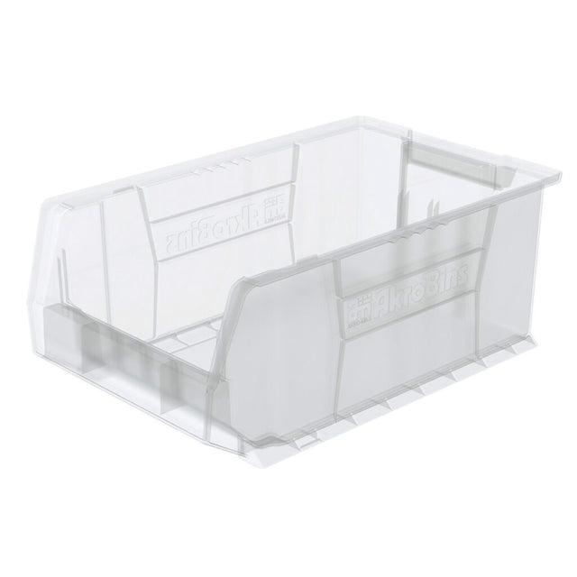 A clear stacking bin with an open front and ribbed sides. This rectangular Large Supply Bin allows easy access to contents, and embossed text on the side reads AkroBins. The smooth, transparent surface makes it an ideal clear storage bin for organization.