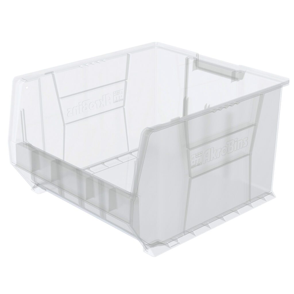 A clear, stacking Large Supply Bin with a wide open front, ridged sides, and slanted edges. The translucent material keeps contents visible, while molded grips and label slots on the sides add convenience.