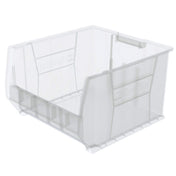 A clear, stacking Large Supply Bin with a wide open front, ridged sides, and slanted edges. The translucent material keeps contents visible, while molded grips and label slots on the sides add convenience.