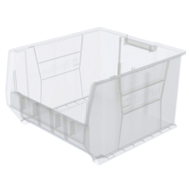 A clear, stacking Large Supply Bin with a wide open front, ridged sides, and slanted edges. The translucent material keeps contents visible, while molded grips and label slots on the sides add convenience.