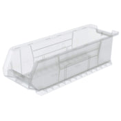 A clear stacking bin with angled sides and a slightly raised back. This empty storage bin has a flat base with vertical ridges for stability, while the open front edge offers easy access to contents—perfect as a Large Supply Bin.
