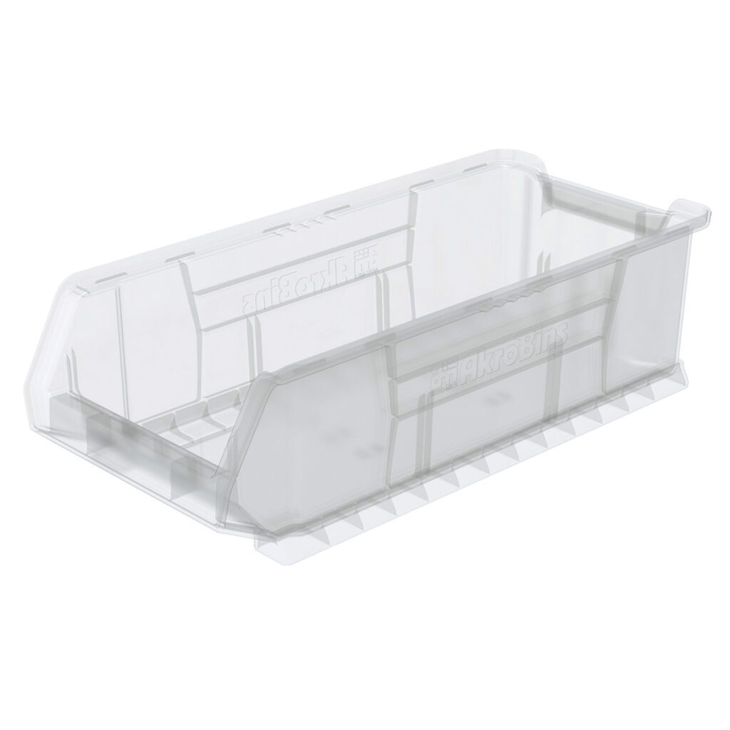 A clear storage bin with high sides and an open front, this large supply bin features grooved reinforcements and a back lip for stacking or hanging. Made from slightly frosted plastic, it shows visible mold lines and embossed branding.