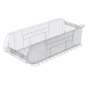 A clear storage bin with high sides and an open front, this large supply bin features grooved reinforcements and a back lip for stacking or hanging. Made from slightly frosted plastic, it shows visible mold lines and embossed branding.