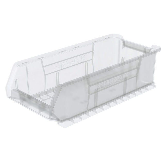 A clear storage bin with high sides and an open front, this large supply bin features grooved reinforcements and a back lip for stacking or hanging. Made from slightly frosted plastic, it shows visible mold lines and embossed branding.