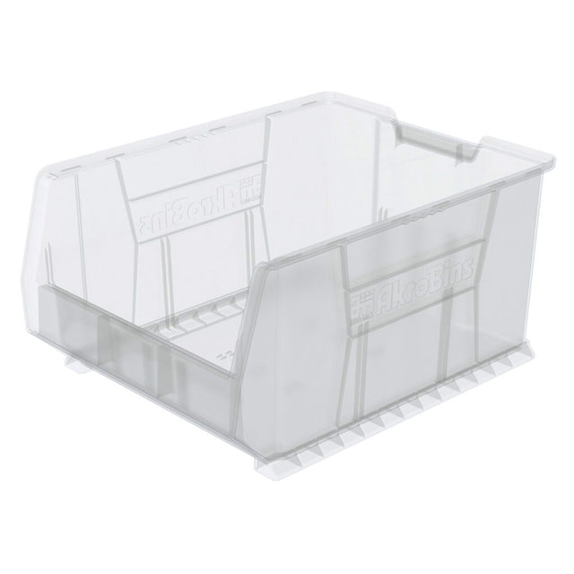 A clear Large Supply Bin with a wide open front for easy access. It features solid sides, a ribbed base for stability, and molded grooves for stacking or sliding onto shelves. The word AkroBins is embossed on the side.