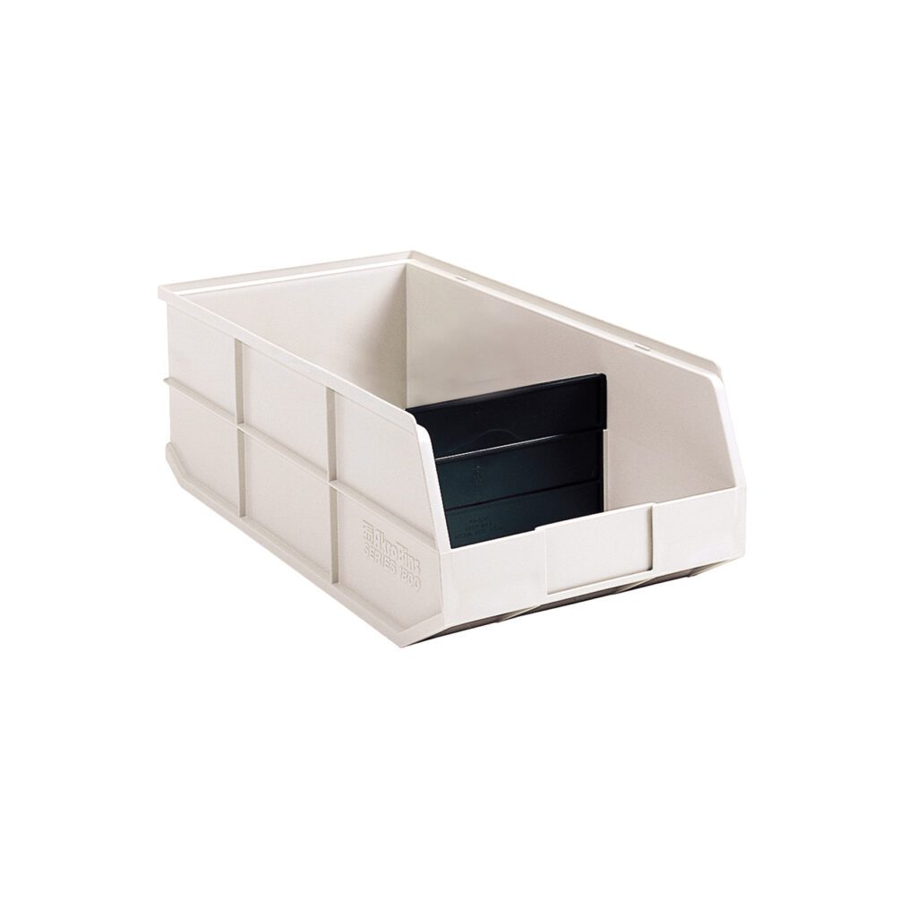 A Large Supply Bin made of white plastic with a wide open front, straight sides, and a black width divider inside. This stacking bin features molded ridges for added strength and easy stackability, shown on a white background.