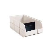 A Large Supply Bin made of white plastic with a wide open front, straight sides, and a black width divider inside. This stacking bin features molded ridges for added strength and easy stackability, shown on a white background.