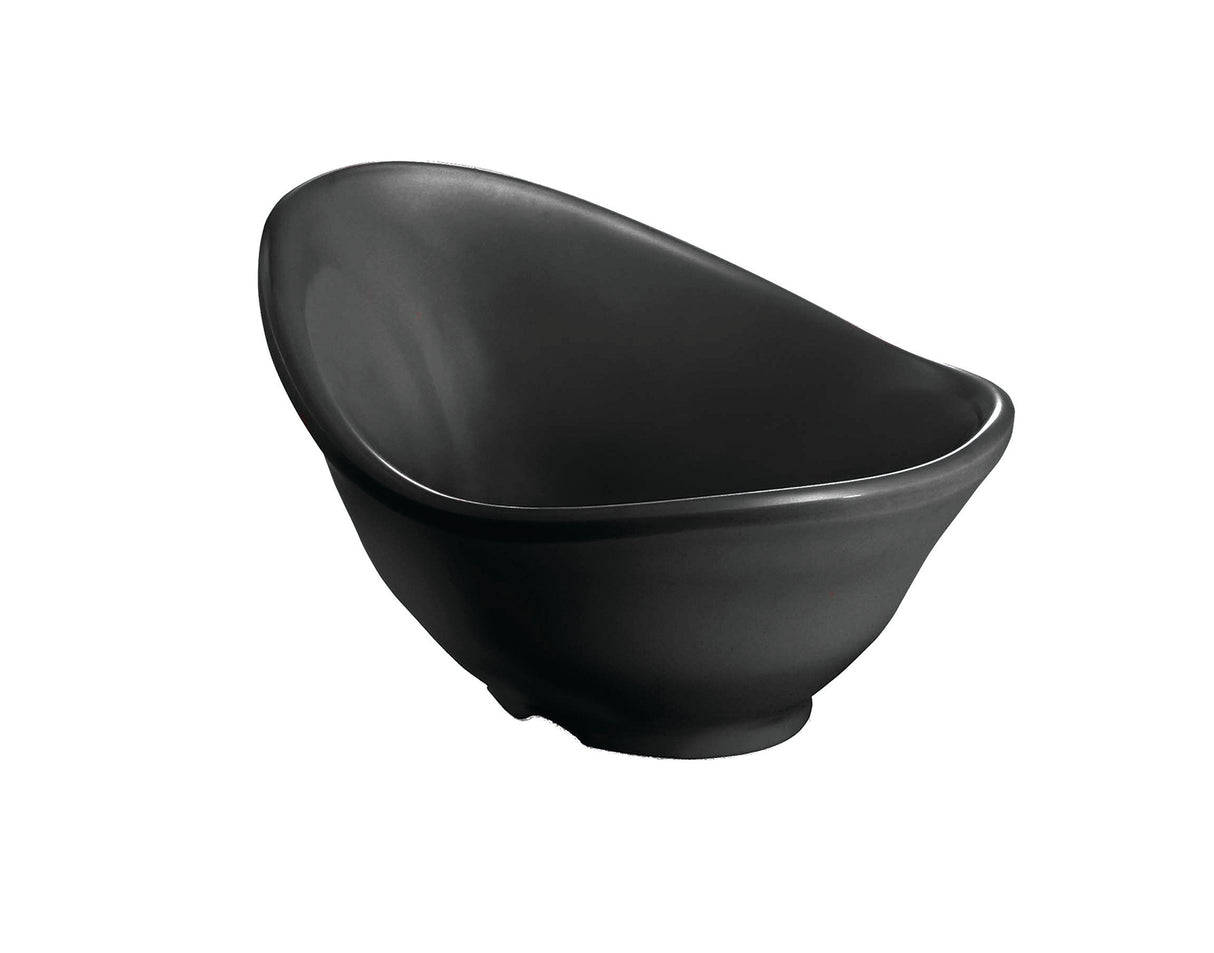 A matte black, asymmetrical Frostone Collection Bowl is shown on a white background. The bowl has a smooth surface with a modern, slightly curved rim and rounded base, giving it a sleek, contemporary appearance.