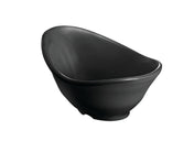 A matte black, asymmetrical Frostone Collection Bowl is shown on a white background. The bowl has a smooth surface with a modern, slightly curved rim and rounded base, giving it a sleek, contemporary appearance.