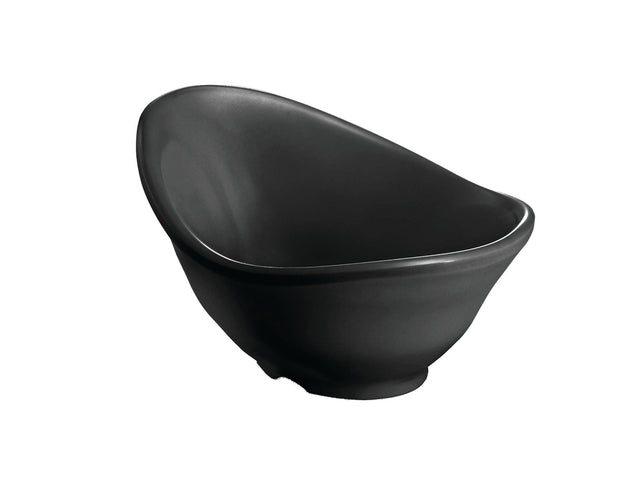 A matte black, asymmetrical Frostone Collection Bowl is shown on a white background. The bowl has a smooth surface with a modern, slightly curved rim and rounded base, giving it a sleek, contemporary appearance.