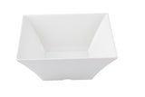 A white, square-shaped Frostone Collection Bowl with smooth surfaces and slightly flared sides is photographed on a white background. This dishwasher safe bowl showcases its angular, modern design clearly from a top-front angle.