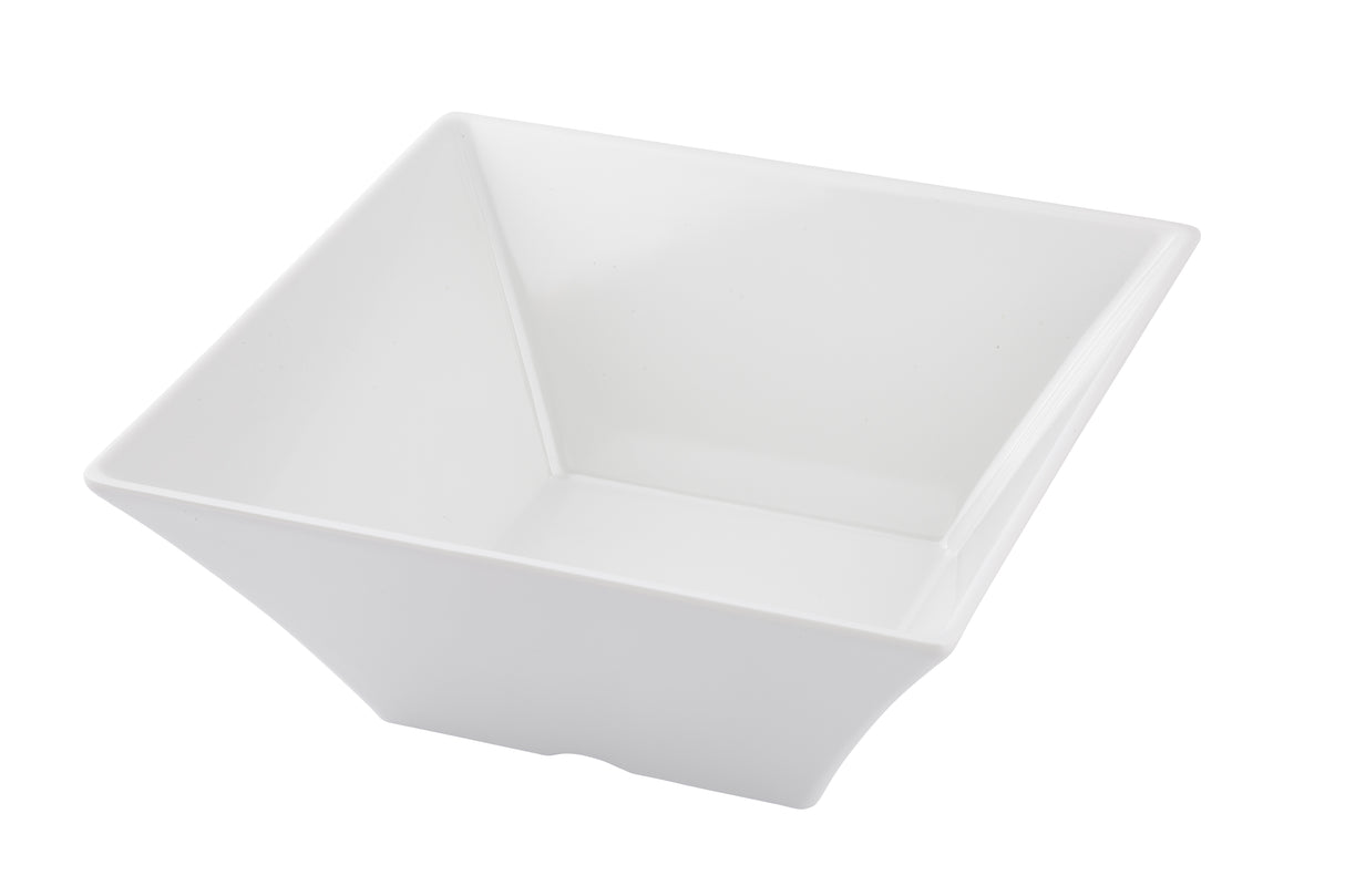 A plain, white, square-shaped ceramic bowl from the Frostone Collection Bowl series with smooth, sharp edges and a modern, minimalist design, photographed on a white background from a high angle. Dishwasher safe for easy cleaning.