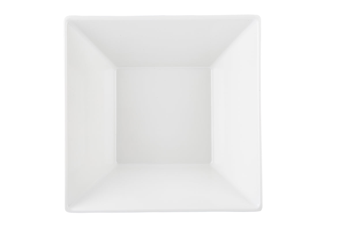 A plain, empty, square white Frostone Collection Bowl is shown from above against a white background. This minimalist melamine bowl features smooth sides that slope inward and a flat base and is dishwasher safe for easy cleaning.