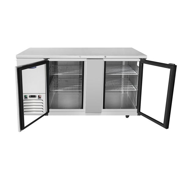 A commercial stainless steel undercounter refrigerator, similar to the Atosa MBB69GGR Back Bar Cooler, with two open doors revealing four wire shelves and an empty interior. The left side features a digital temperature control panel above the compressor vent. The refrigerator stands on small legs.