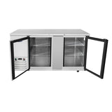 A commercial stainless steel undercounter refrigerator, similar to the Atosa MBB69GGR Back Bar Cooler, with two open doors revealing four wire shelves and an empty interior. The left side features a digital temperature control panel above the compressor vent. The refrigerator stands on small legs.